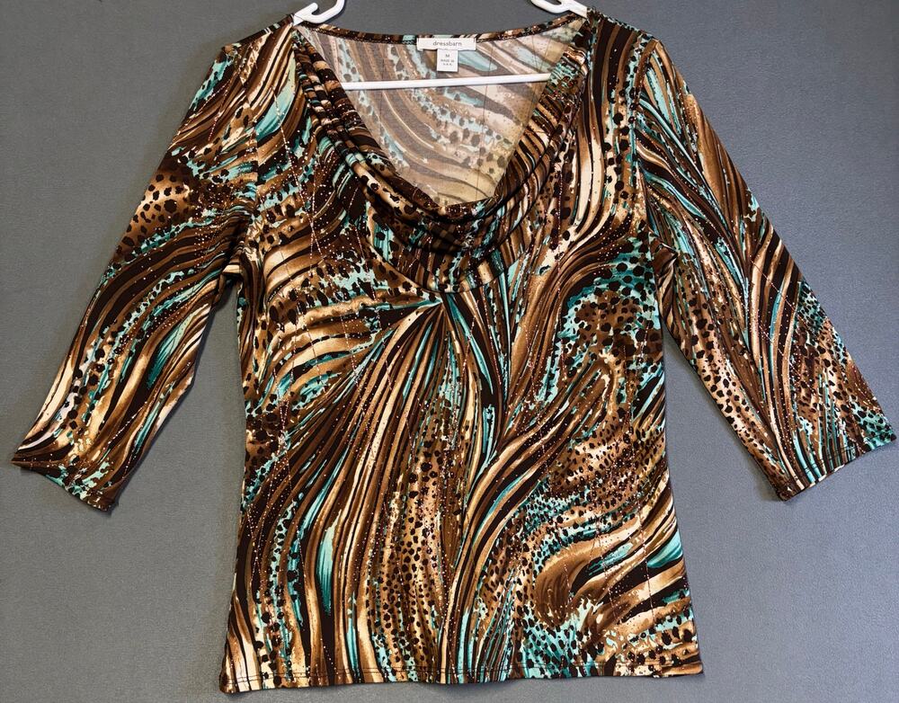 Womens M Blouse Y2K Animal Swirl Top Boho Western Abstract Stretch Cowl